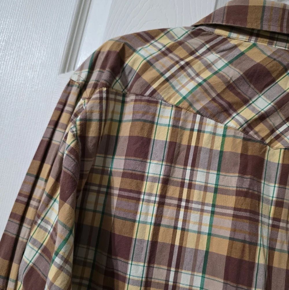 Y2K Green Oak Pearl Snap Brown & Green Plaid Long Sleeve Western Shirt, XL.